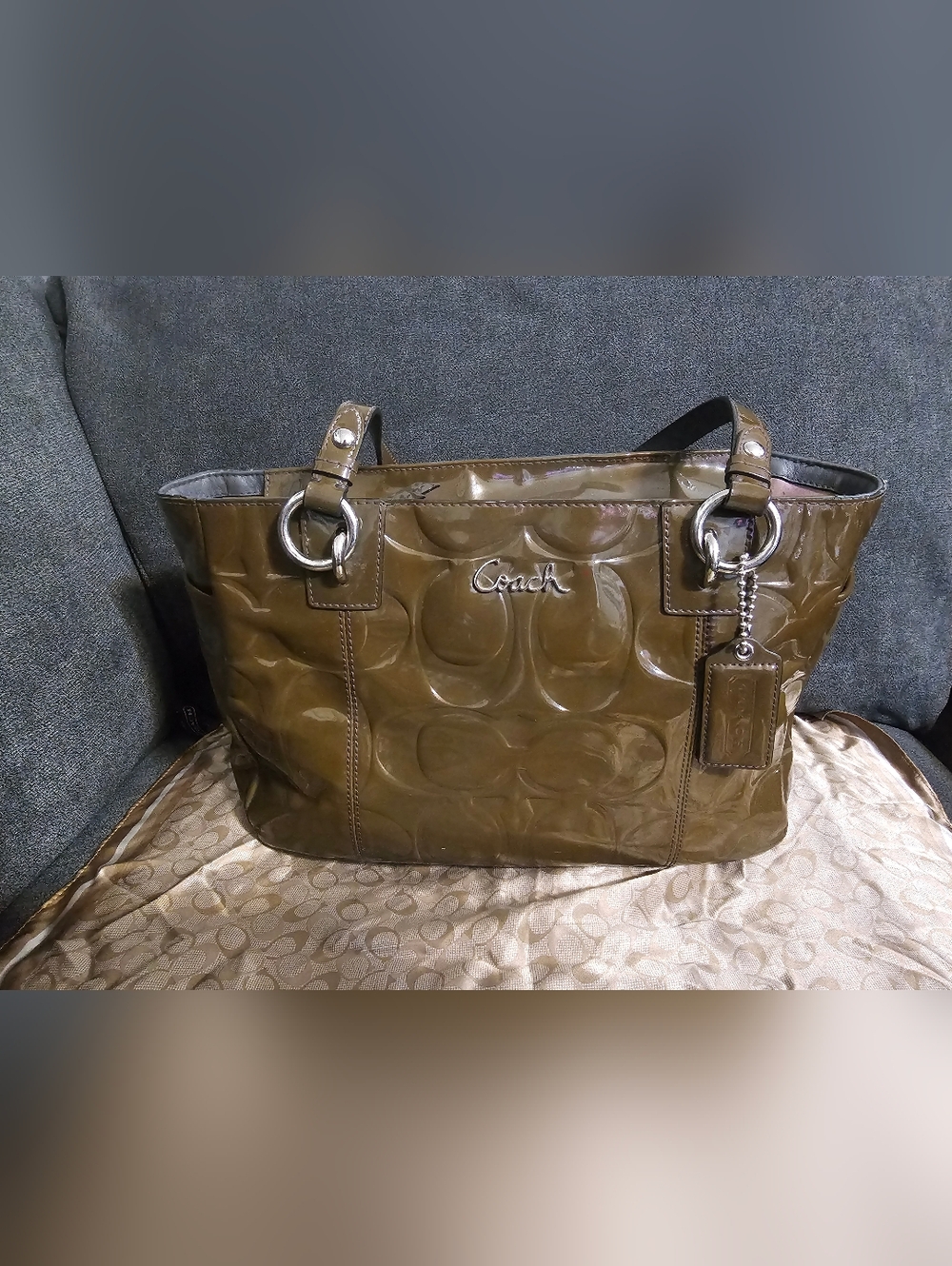Coach Olive Green Patent Leather Tote with Silver Hardware